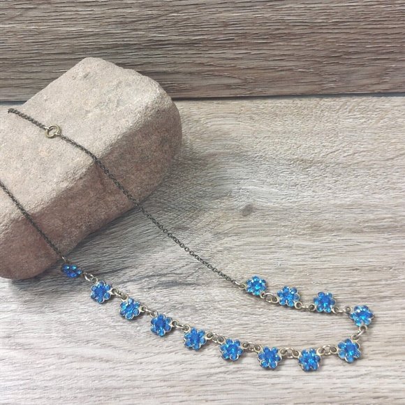 Flower Necklace Blue Stone Flowers Pendant Vintage Boho Jewelry Trinket Gift - Picture 2 of 8